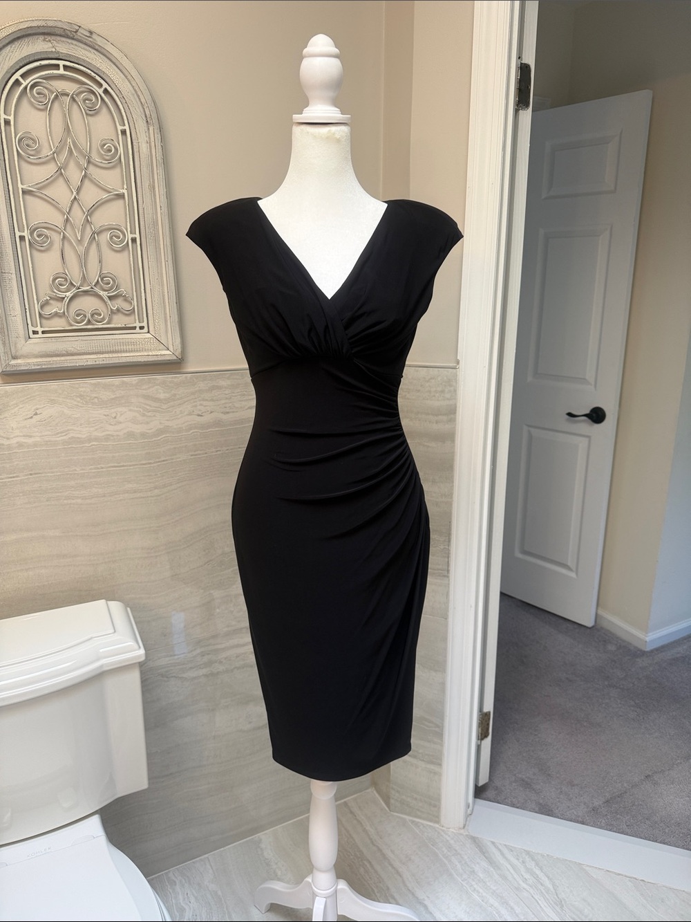 Ralph Lauren Black Cap-Sleeve V-Neck Midi Dress